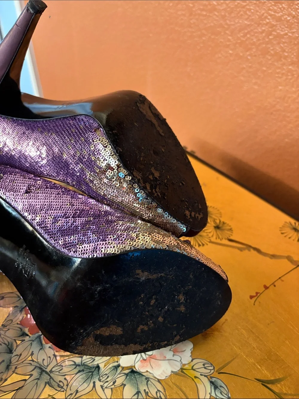 Nina Pink and Gold Sequin Peep-Toe Heels with Crystal Accent